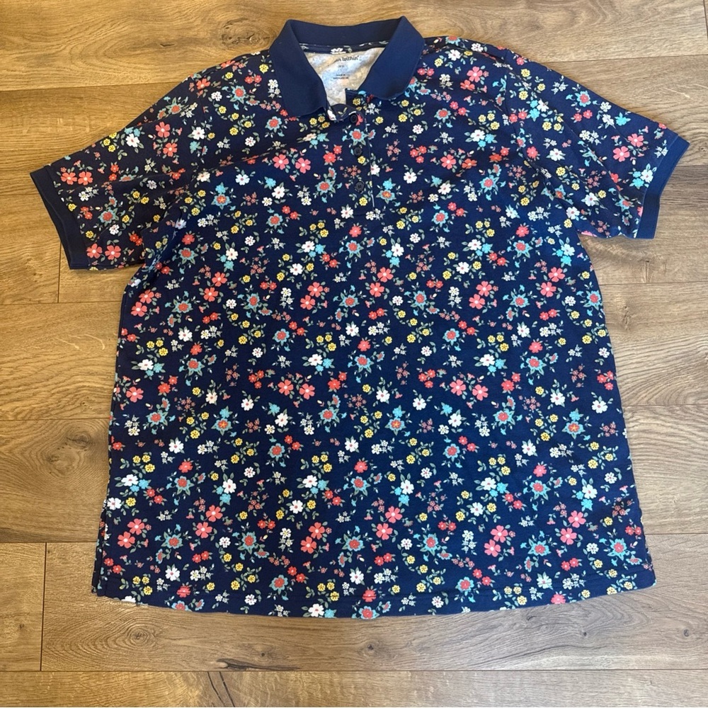 Woman Within Plus Size Elbow-Sleeve Polo Tunic Size 18/20 Large Navy Floral